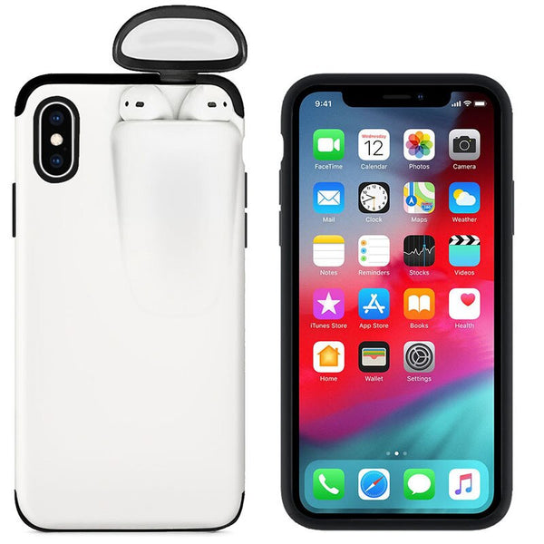 2 In 1 Headset Caps Phone Case Earphone Storage Box For iPhone 11Pro XS MAX XR X 7 8 6 6S Plus Shockproof Solid Color back Cover