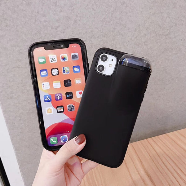 2 In 1 Headset Caps Phone Case Earphone Storage Box For iPhone 11Pro XS MAX XR X 7 8 6 6S Plus Shockproof Solid Color back Cover